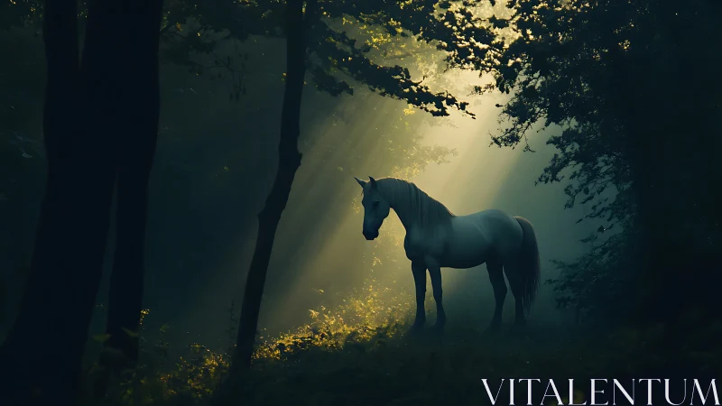 Gentle white horse resting in glowing forest morning light.