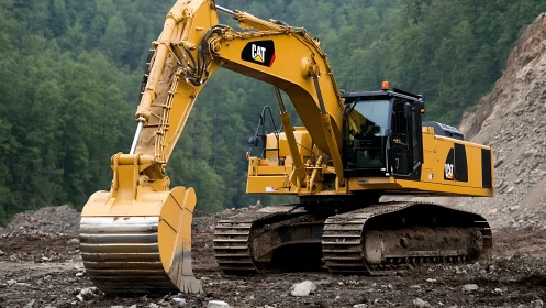 Large CAT excavator on rocky construction work site.