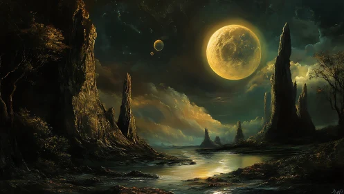 Luminous twin-moon alien coastline with spired basalt formations