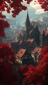 Crimson-canopy village and steepled clocktower in autumn haze.