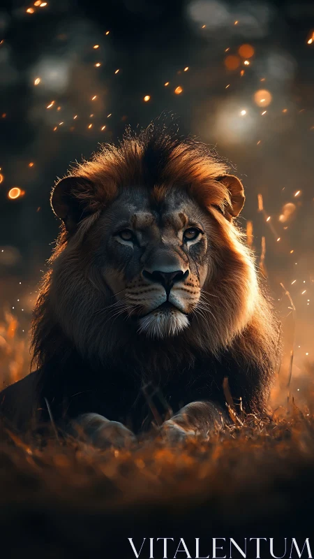 Ember crowned lion studies twilight sparks in quiet majesty