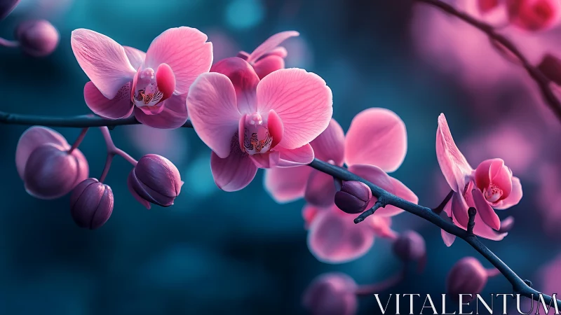 Pink Orchid Blooms on Dark Branch with Bokeh Background.