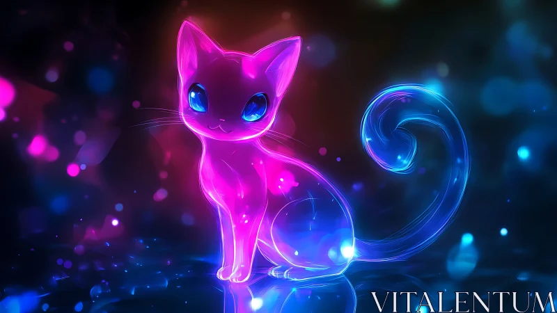 Glowing neon kitten perched in a dreamy rainbow nightscape.
