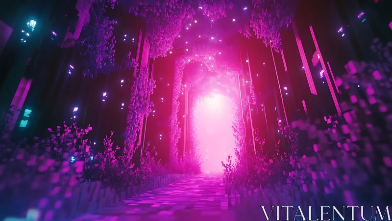 Neon pixels bloom into a shimmering portal at forest’s end