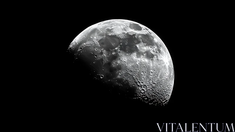 High-contrast lunar quarter-phase study in monochrome space field.