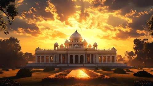 Neoclassical palace rendered in warm volumetric sunset backlight