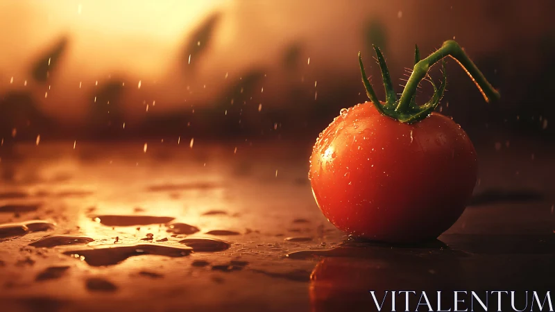 Sunlit tomato resting in warm rain-kissed reflections.