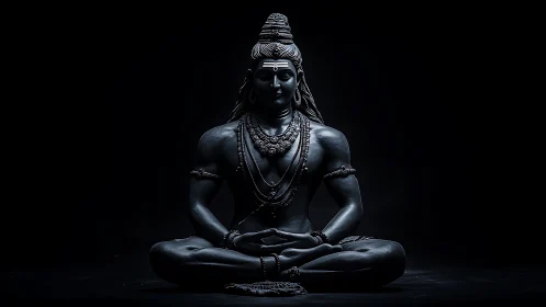 Monochrome Shiva statue in meditative lotus pose on black.