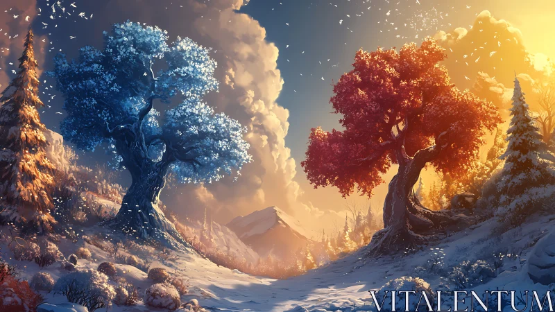 Contrasting blue and red trees stand in a snowy mountain valley