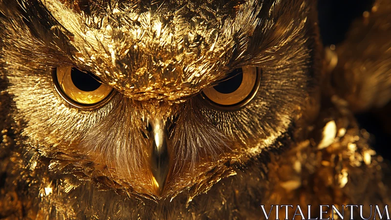 Close-up of a golden owl sculpture with dramatic lighting and detail.