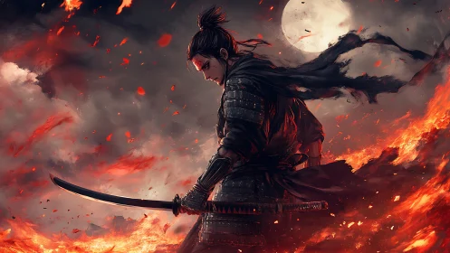 Lone samurai stands amid raging fire beneath a ruthless moon