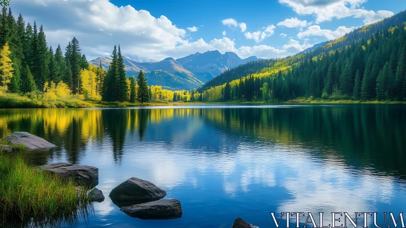 High-altitude alpine lake with conifer forest and autumn aspens