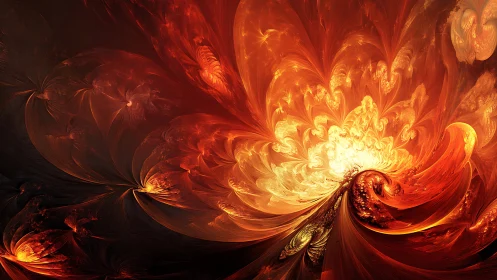 Fractal-based digital composition renders radiating fiery forms
