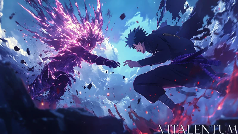 Two airborne warriors in mid strike amid energy fragments.