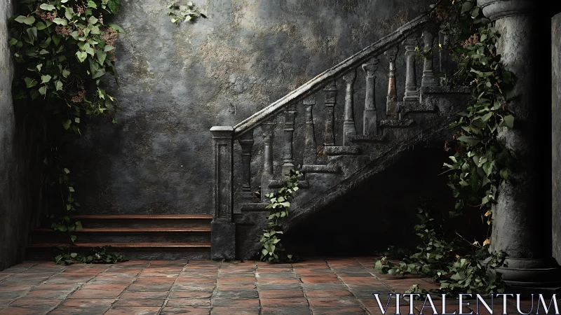 Weathered stone stair with ivy in quiet courtyard.