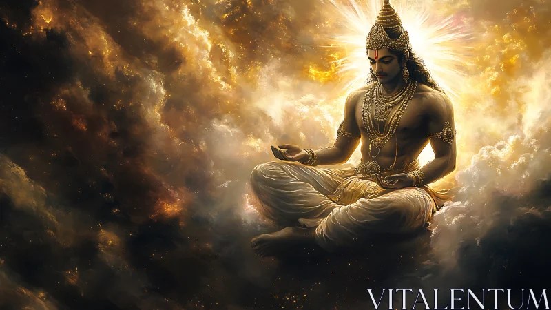 Divine figure seated in luminous golden cloud environment.