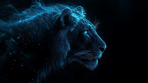 Glowing blue lion profile dissolves into electric particles