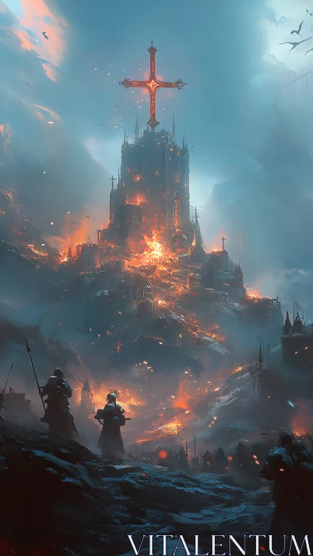 Blazing cathedral fortress crowns a storm of molten faith