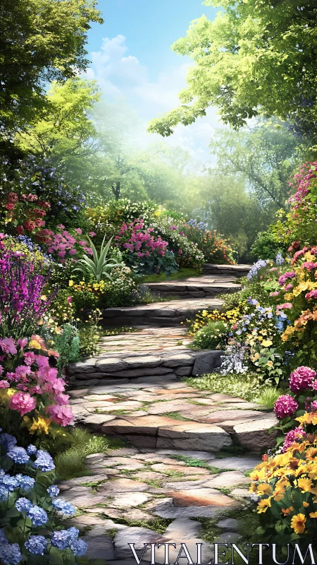 Stone garden path bordered by dense multicolored flowers.