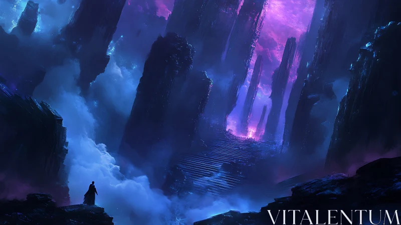 Lone figure observes towering neon cliffs in misty chasm
