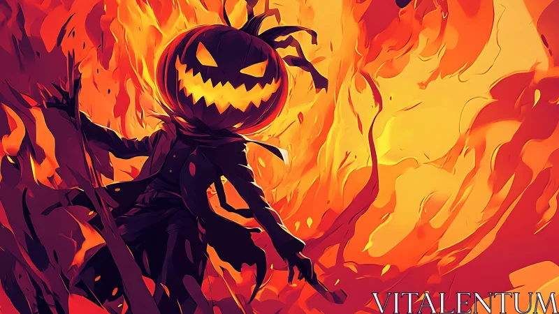 Flaming pumpkin headed reaper strides through blazing inferno.