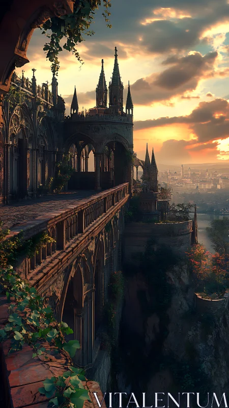 Gothic cliffside citadel terrace at golden sunset light.