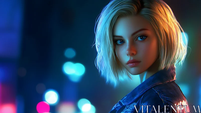 Neon-lit cyberpunk portrait girl in blue city glow.