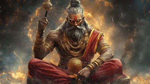 Divine warrior sage in molten gold-lit mystical aura.