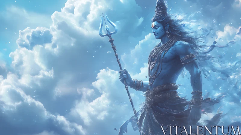 Storm-wreathed sky deity strides through billowing heavens.