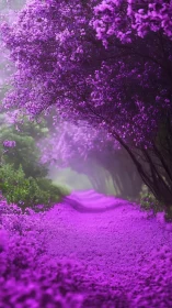 Purple blossom pathway winds through a dreamy forest landscape.