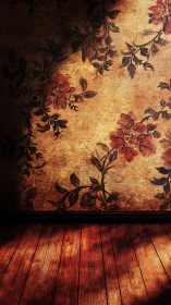 Vintage floral wall and wood floor in dramatic light.