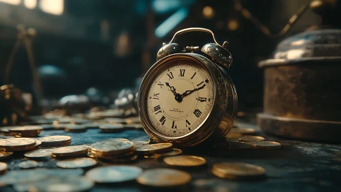 Vintage clock guards scattered gold coins in dusky light.