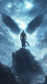 Winged guardian rises over storm-lit celestial mountains.