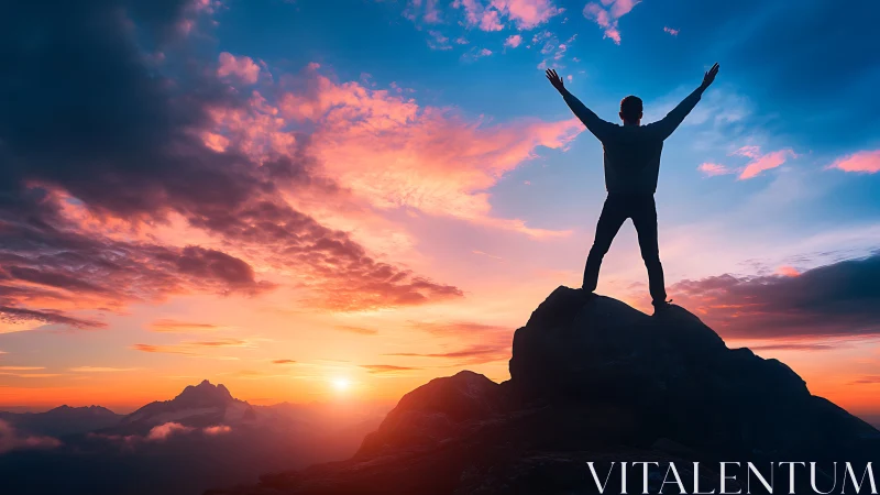 Silhouetted hiker on summit ridge at vivid alpine sunrise
