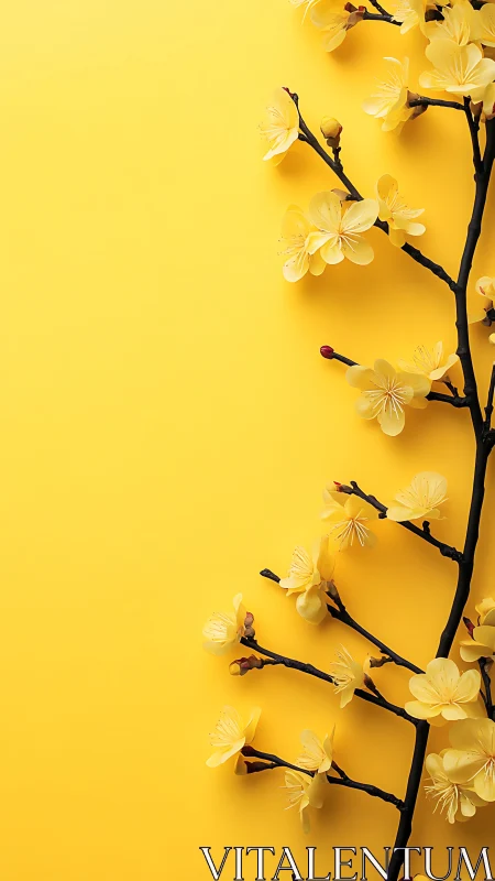 Yellow flowering branch arrangement against monochromatic background.