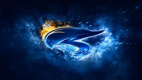 Futuristic blue metallic logo with fire and ice digital effects.