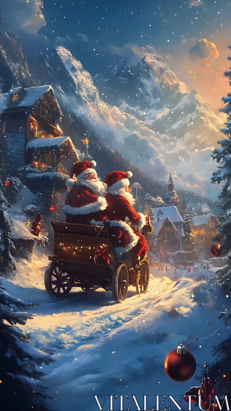 Two Santas ride in sleigh toward snowy alpine village