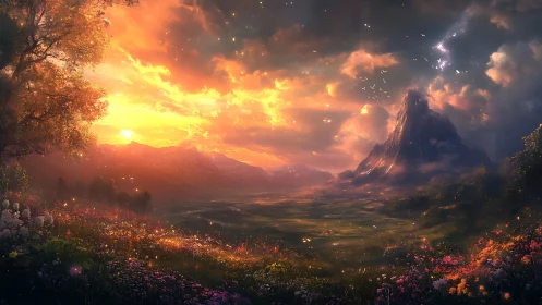 Golden meadow sunset and a distant dreaming mountain.