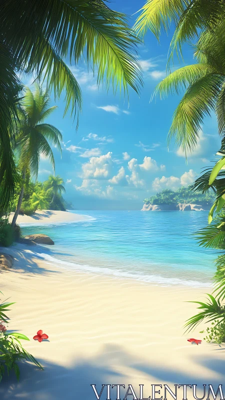 Tropical Paradise Beach with Palm Trees and Turquoise Waters.