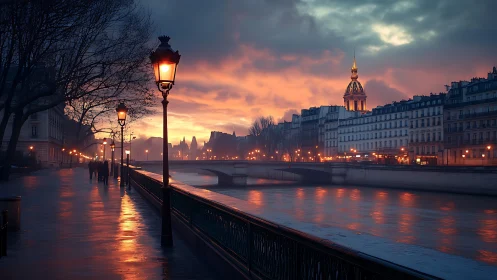 Twilight riverfront promenade with Parisian bridge and dome skyline