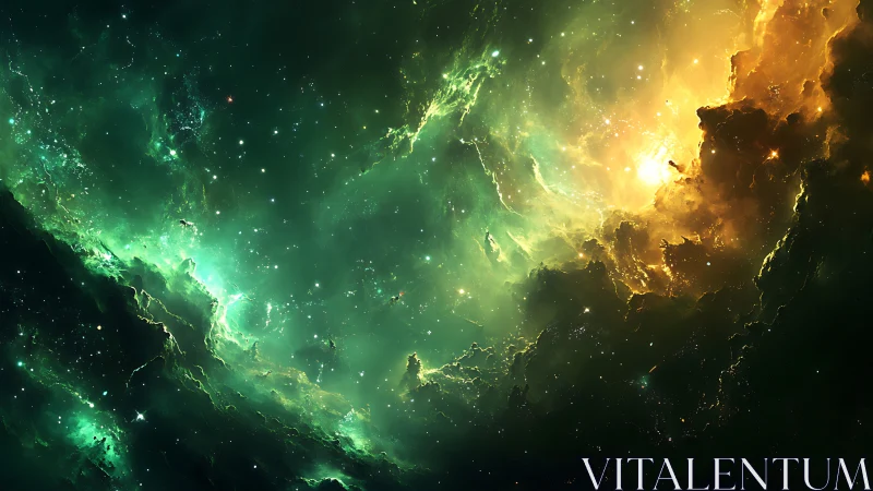 Starlit nebula tides glowing in emerald and gold silence.