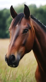 Photorealistic bay horse portrait in soft field setting.