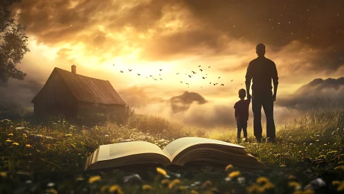 Sunlit meadow storyscape with open book and distant figures