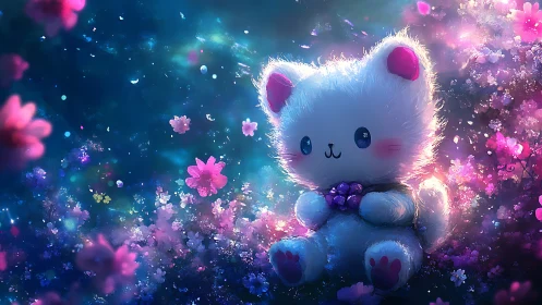 Plush white cat rendered in luminous floral fantasy field.
