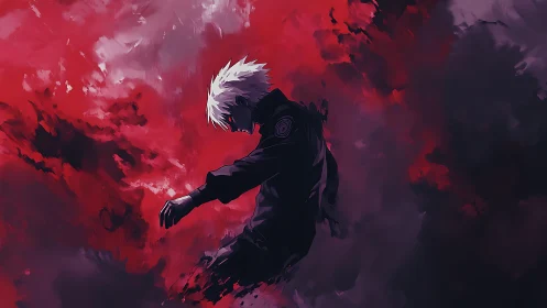 White haired warrior drifting through a storm of crimson shadows.