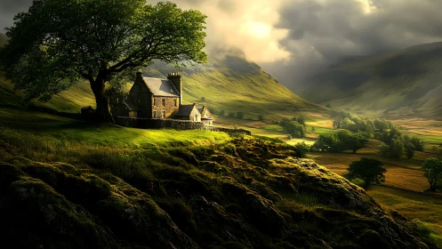 Stormlit valley house quietly drinks the last green light