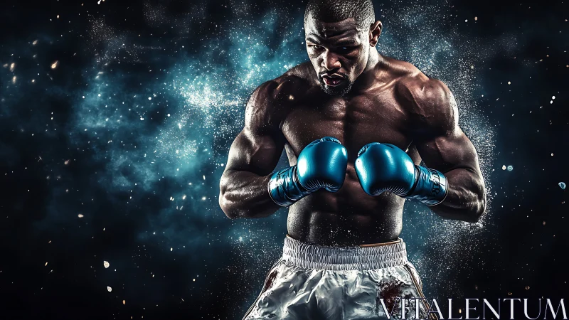 Professional Boxer in Blue Gloves Against Cosmic Background.