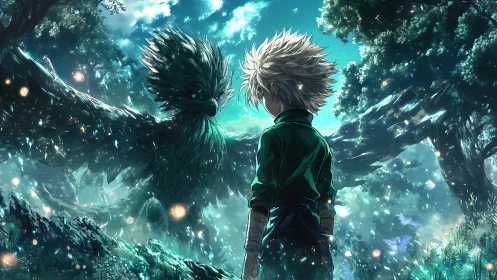Anime forest confrontation with luminous spirit bird composition.