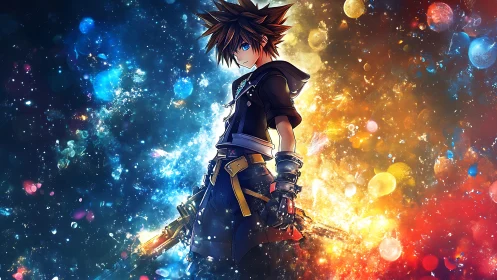 Starlit anime warrior between icy nebula and solar blaze.