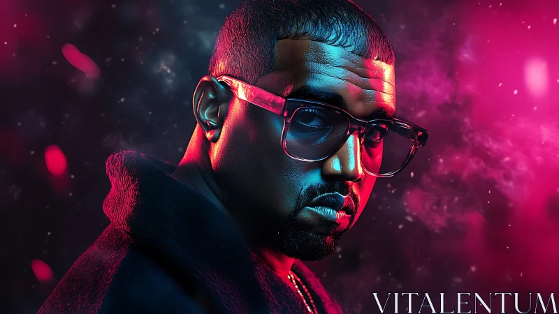 Male portrait in neon pink and blue cinematic lighting.